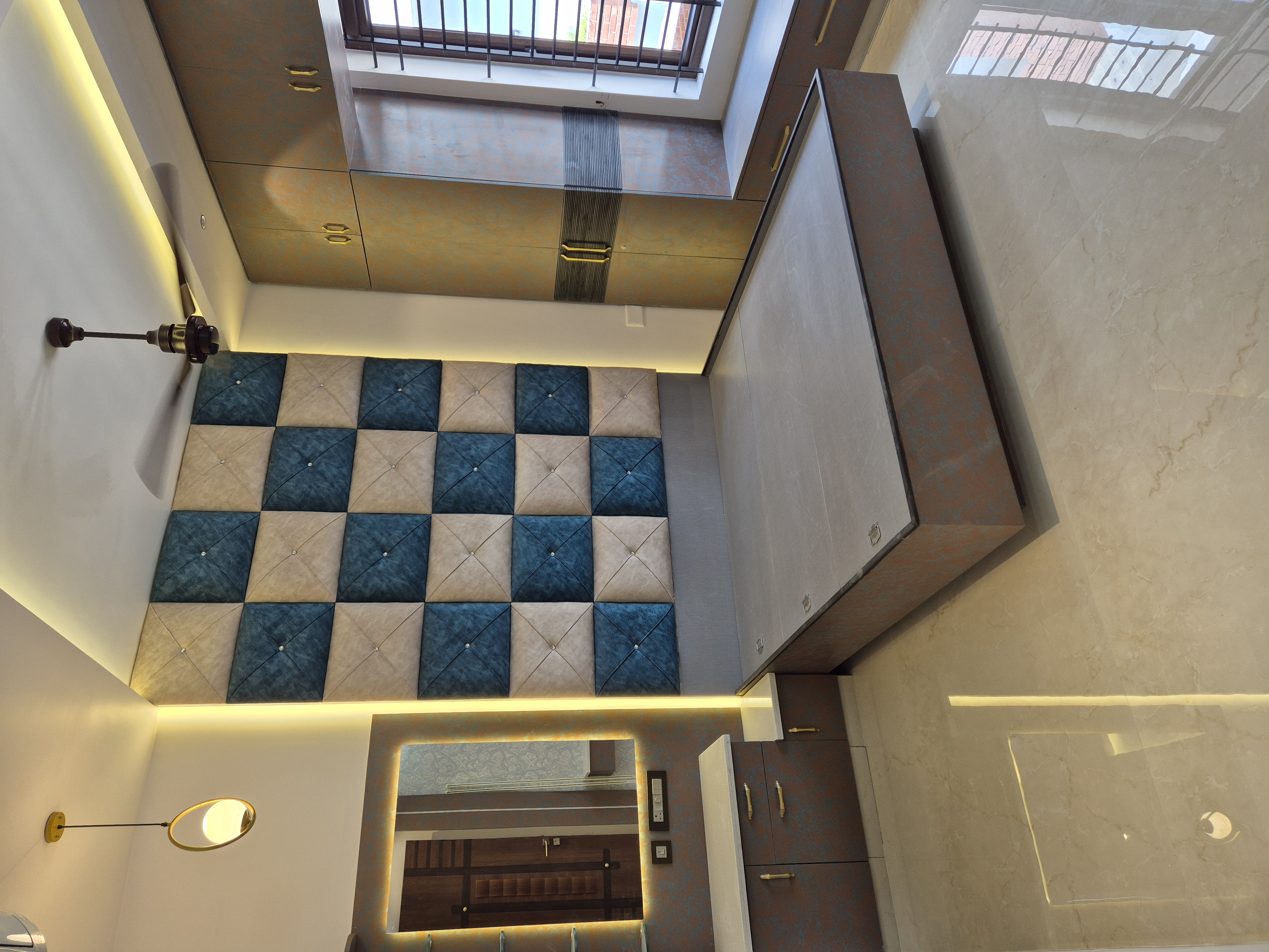 Bedroom Interior Design Coimbatore - Master Bedroom Full Wall Headboard Teal Beige Design