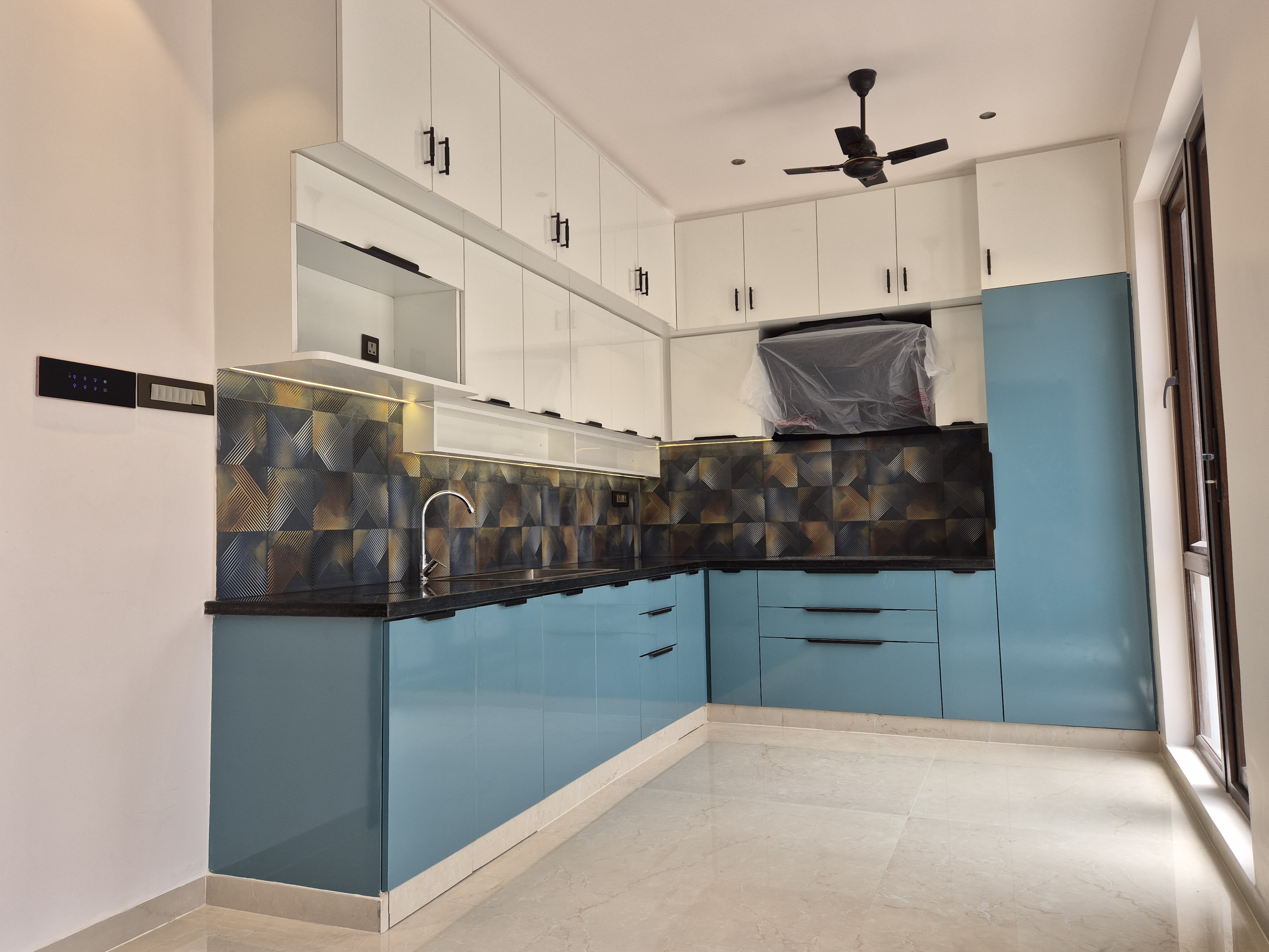 Modular Kitchen Design Coimbatore - U-Shaped Kitchen Blue White Theme by Jayalakshmi Interiors