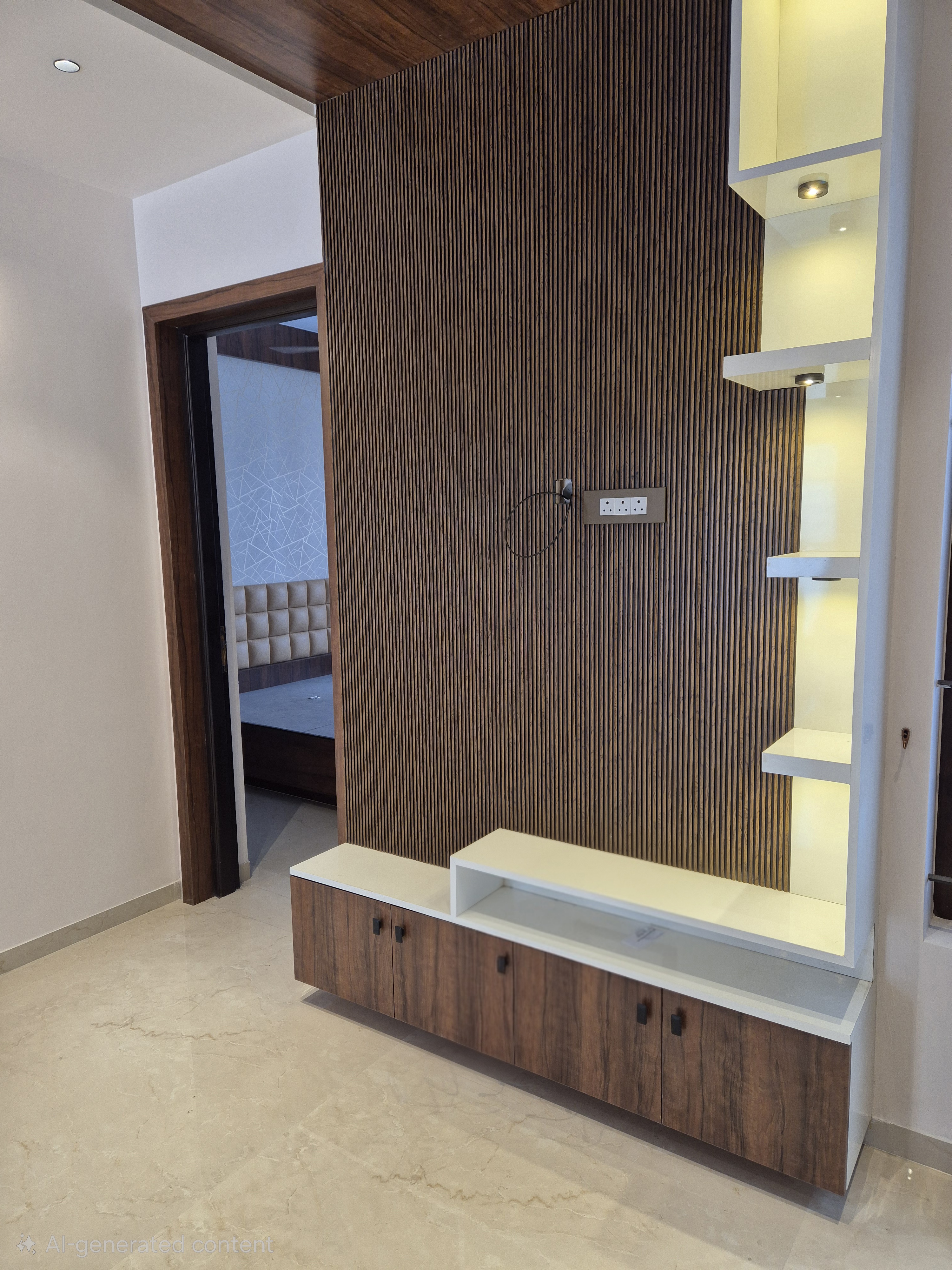 RMC Villa TV Unit Side View - Floating Base Design with Display Shelves